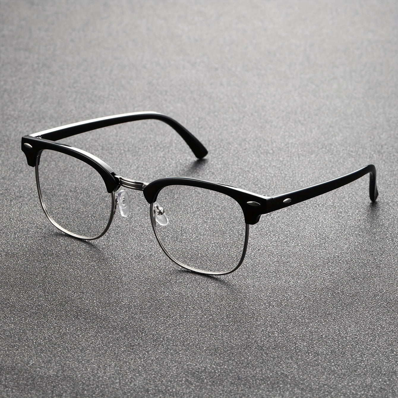 Men's classic fashion glasses in black semi-rimless style with TAC lenses, casual design, metallic accents, suitable for everyday use and stylish frame with comfortable fit.