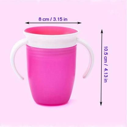 Pink and white leak-proof training cup with easy-grip handles for young children. Made of durable, lightweight silicone and is handwash recommended.