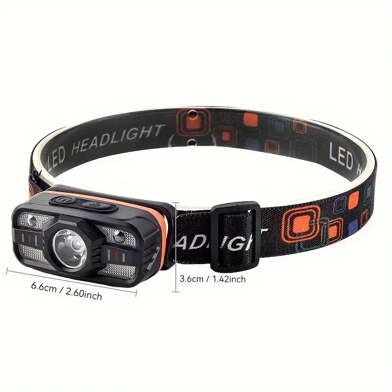 Rechargeable LED headlamp with polished finish and 6 modes for night activities.