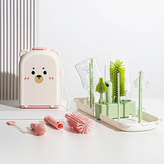 Set includes a silicone portable bottle brush specially designed for washing, a drain rod storage box, a travel cleaning brush set, and a teddy bear portable cleaning brush.