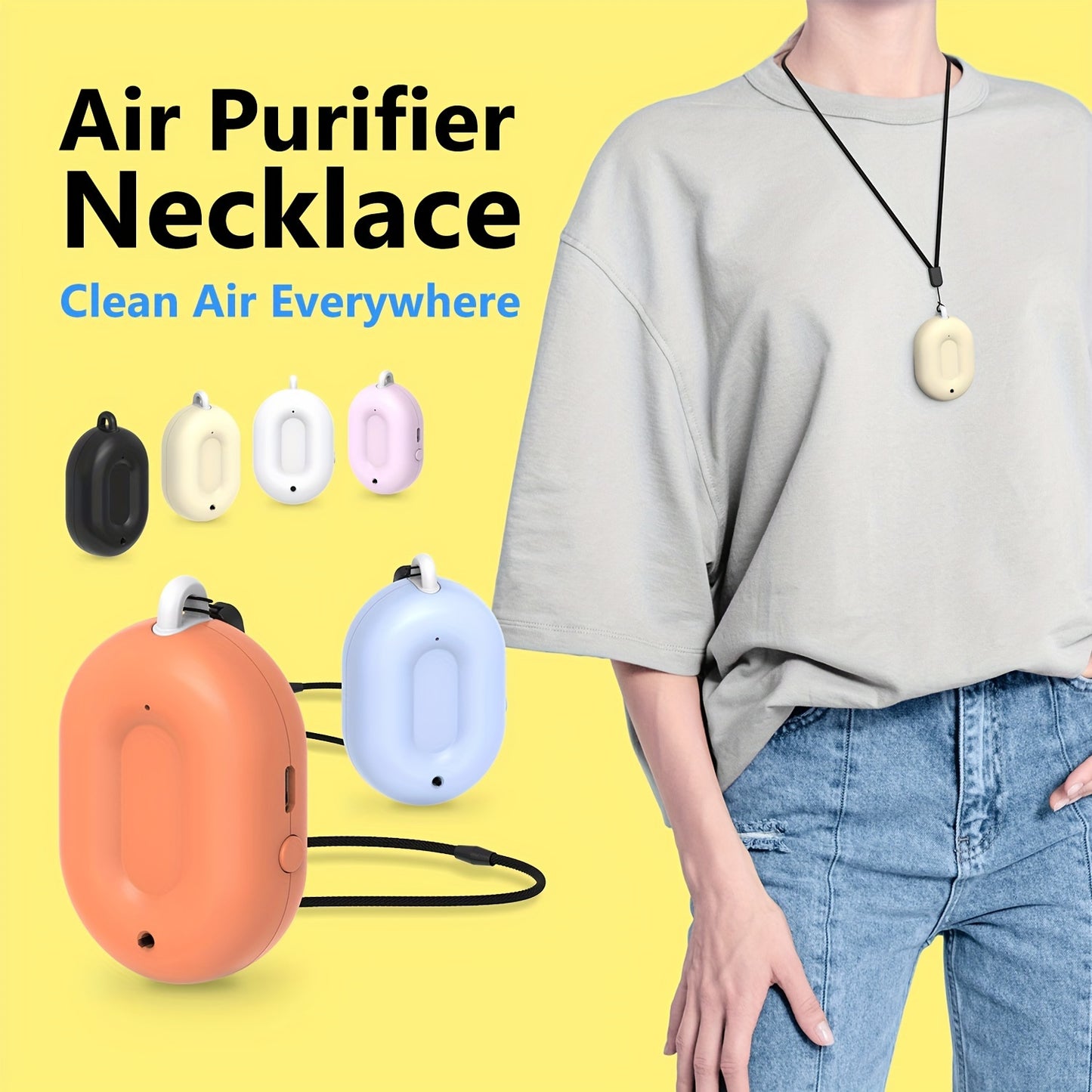 IONKINI Air Purifier Necklace: Portable air ionizer for clean air on the go, suitable for outdoor, home, car, and indoor use. USB charging, perfect gift for family and friends.