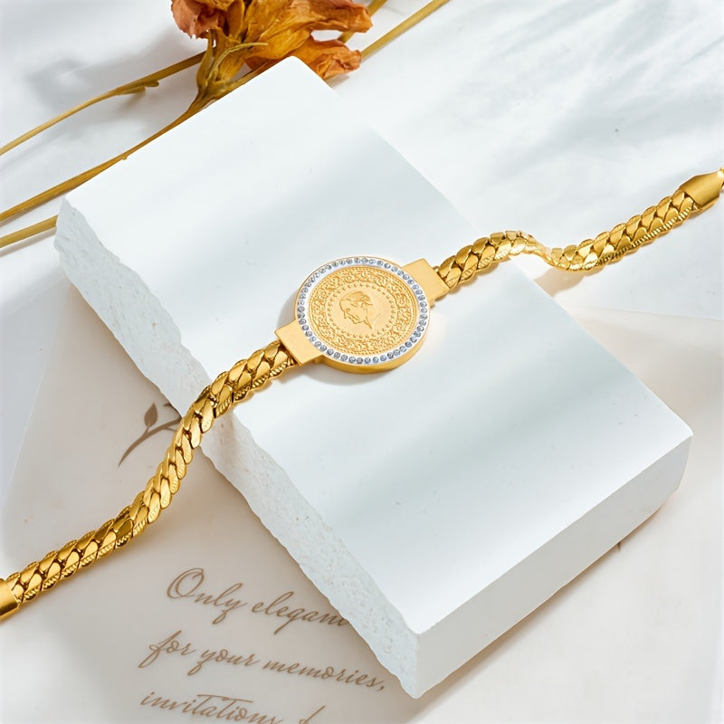 [Customer Favorite] Stylish Coin Bracelet in Golden-Tone Stainless Steel with Sparkling Rhinestone Details - Perfect Addition to Your Party and Banquet Outfits