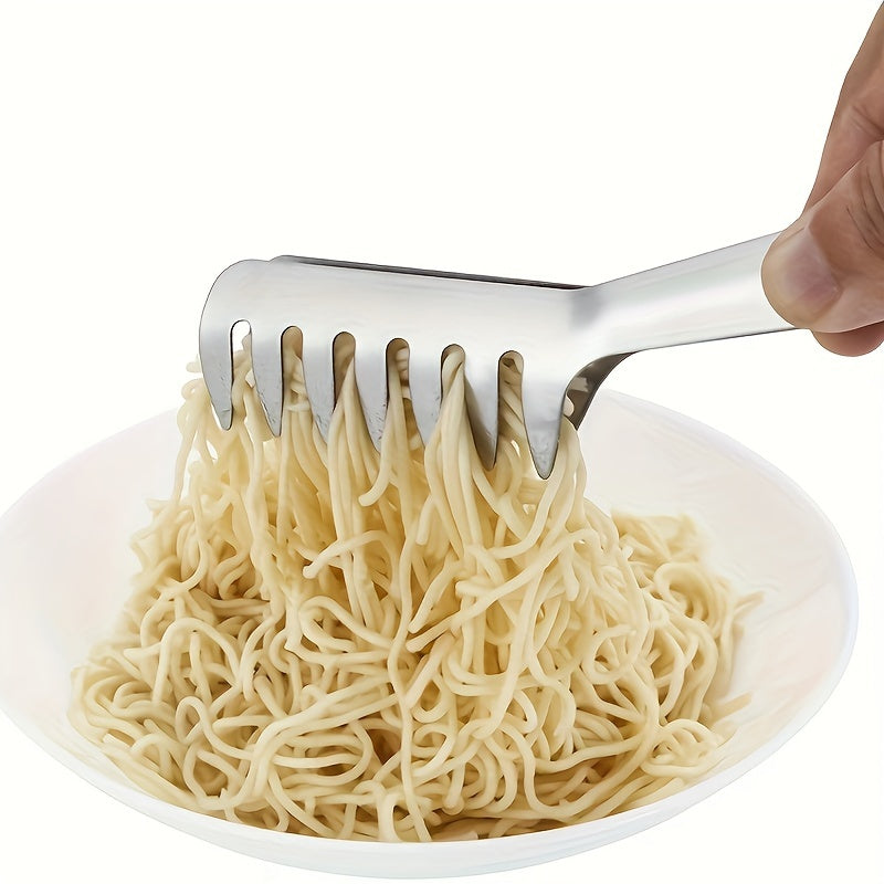 Durable stainless steel pasta tongs for restaurant and home use.