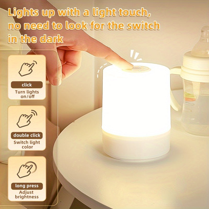 Adjustable LED bedside lamp with USB rechargeable battery. Touch control, 3 color temperatures. Perfect for reading, bedroom, study, living room, camping, and office.