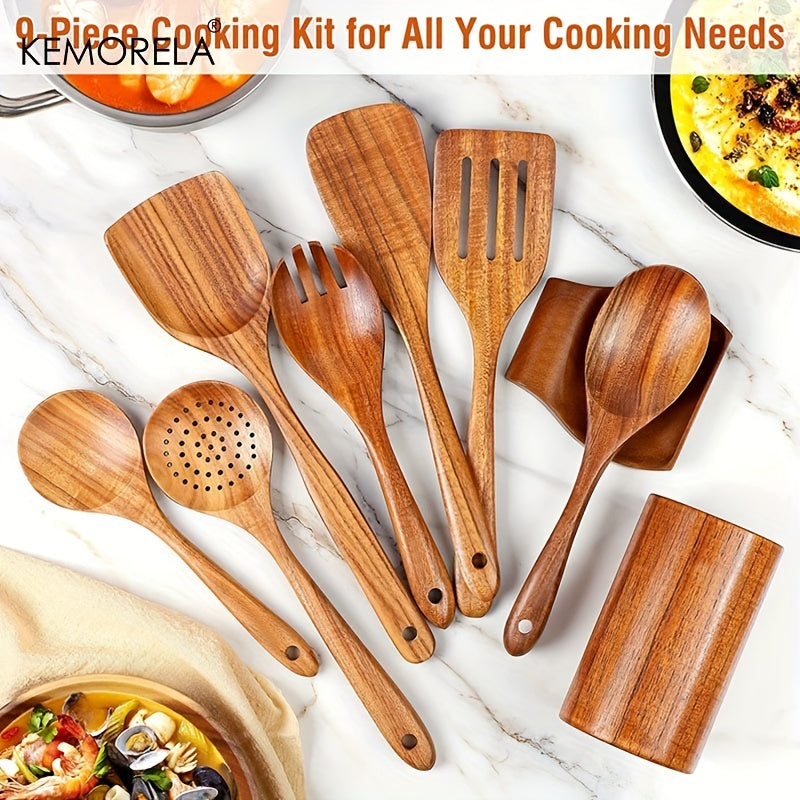 Set of 9 wooden spoons and utensils for cooking, complete with a utensil holder. Made from teak wood, this kitchen utensil set also includes a spoon rest. Perfect for all your cooking needs.