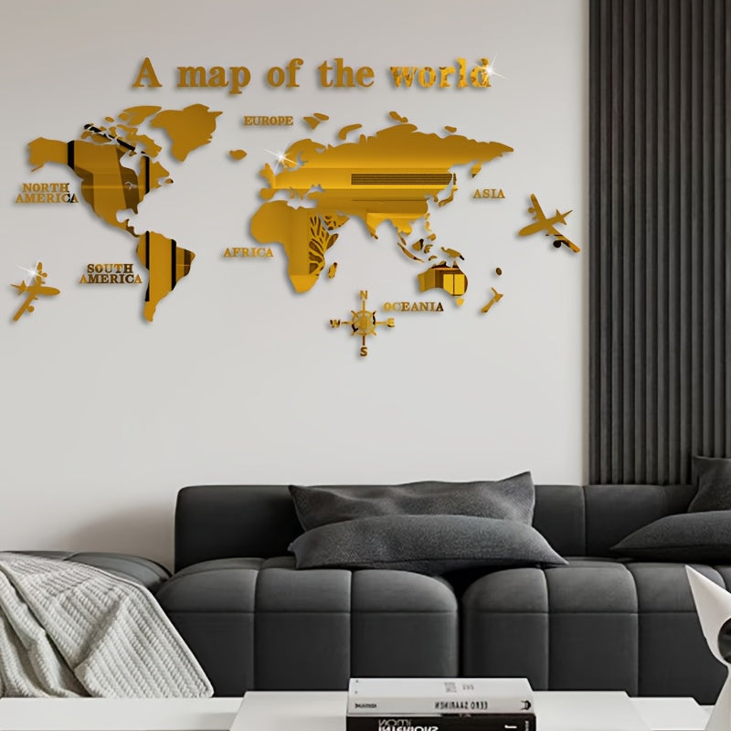 Bohemian style acrylic wall decor featuring "A Map of the World" with airplane and compass rose design. 1mm thick with adhesive backing. Ideal for classrooms, offices, bedrooms, and living