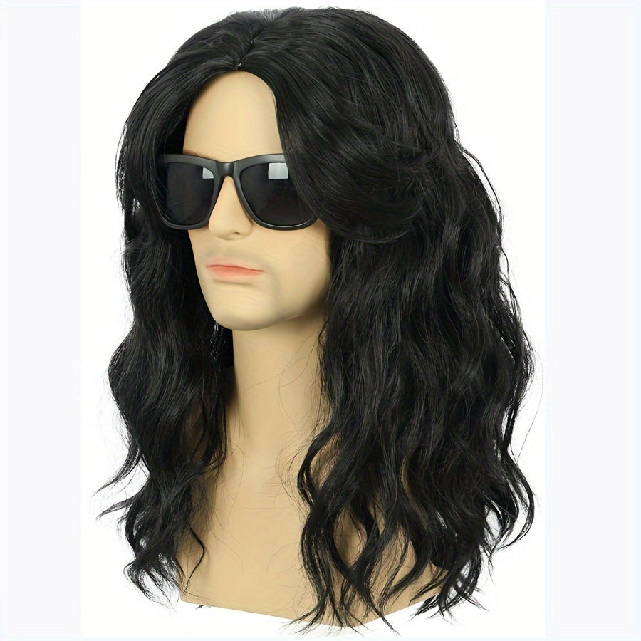 Stylish Black Long Fluffy Curly Wig for Men, Perfect for Casual School Parties or Halloween Christmas Cosplay Photos, with a Cool Punk Hip Hop Disco Vibe