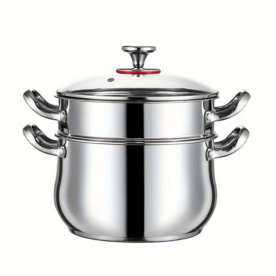 Stainless Steel Double-Layer Steamer Set with 3 Pieces - Perfect for Home, Parties, and Restaurants - Large Capacity, Dual Handles, Deep Soup Pot, and Dishwasher Safe