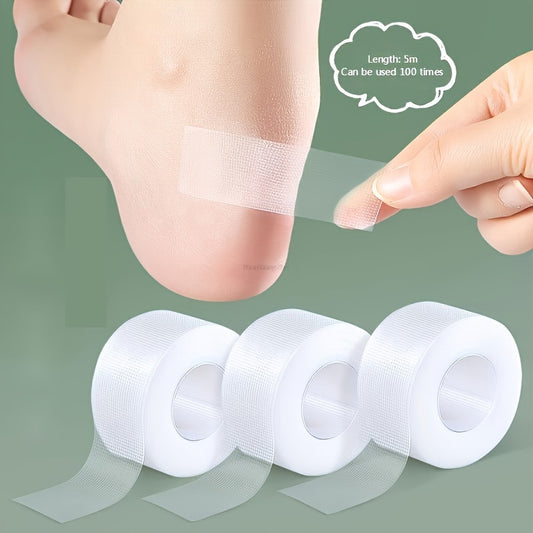 5m roll of transparent silicone gel moleskin tape for blister protection, suitable for feet, fingers, and toes. Waterproof, reusable, and invisible. Ideal for travel and shoe comfort.