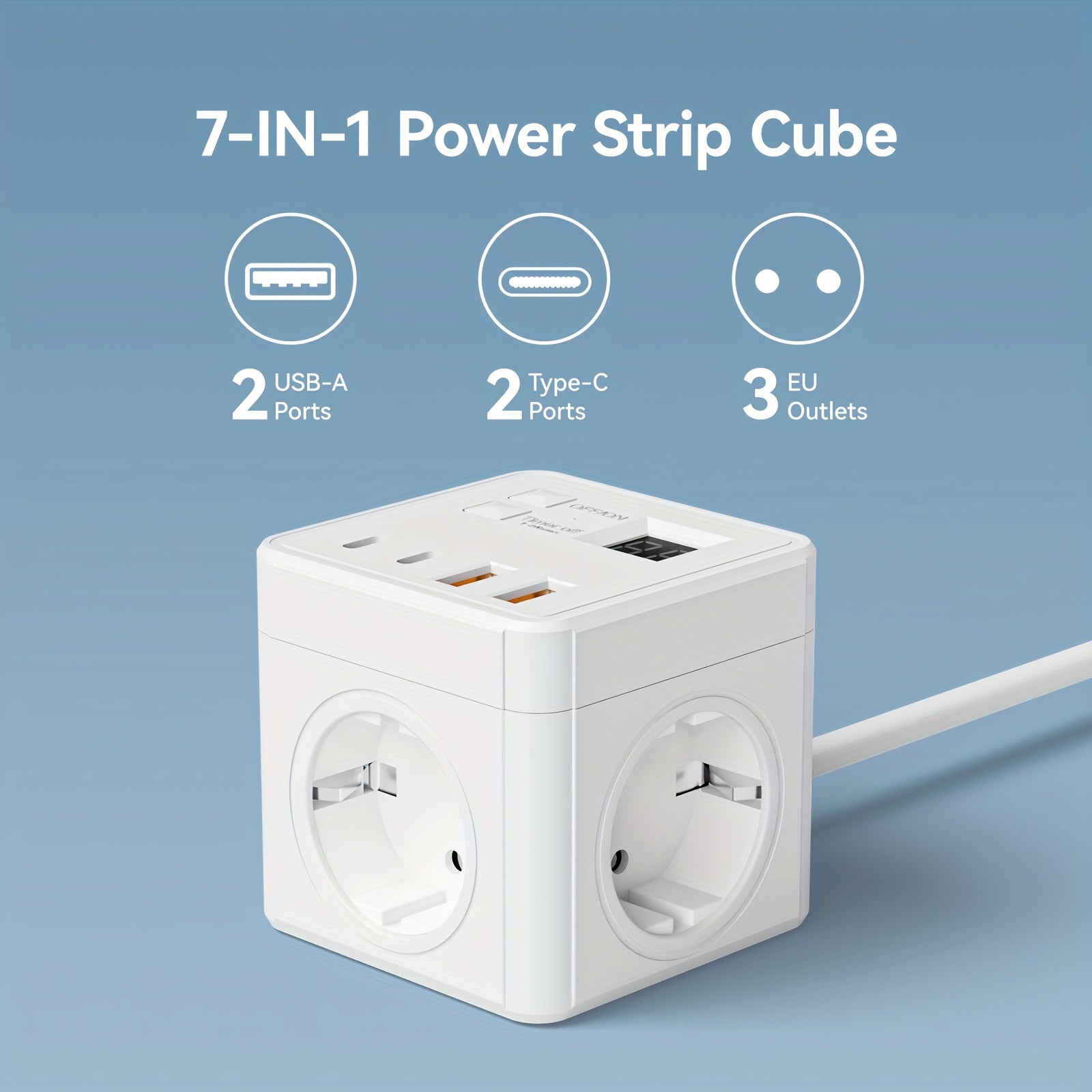 Cube shaped power supply with 7 outlets, 2 USB ports, and 2 Type-C charging stations, suitable for home, office, and travel.