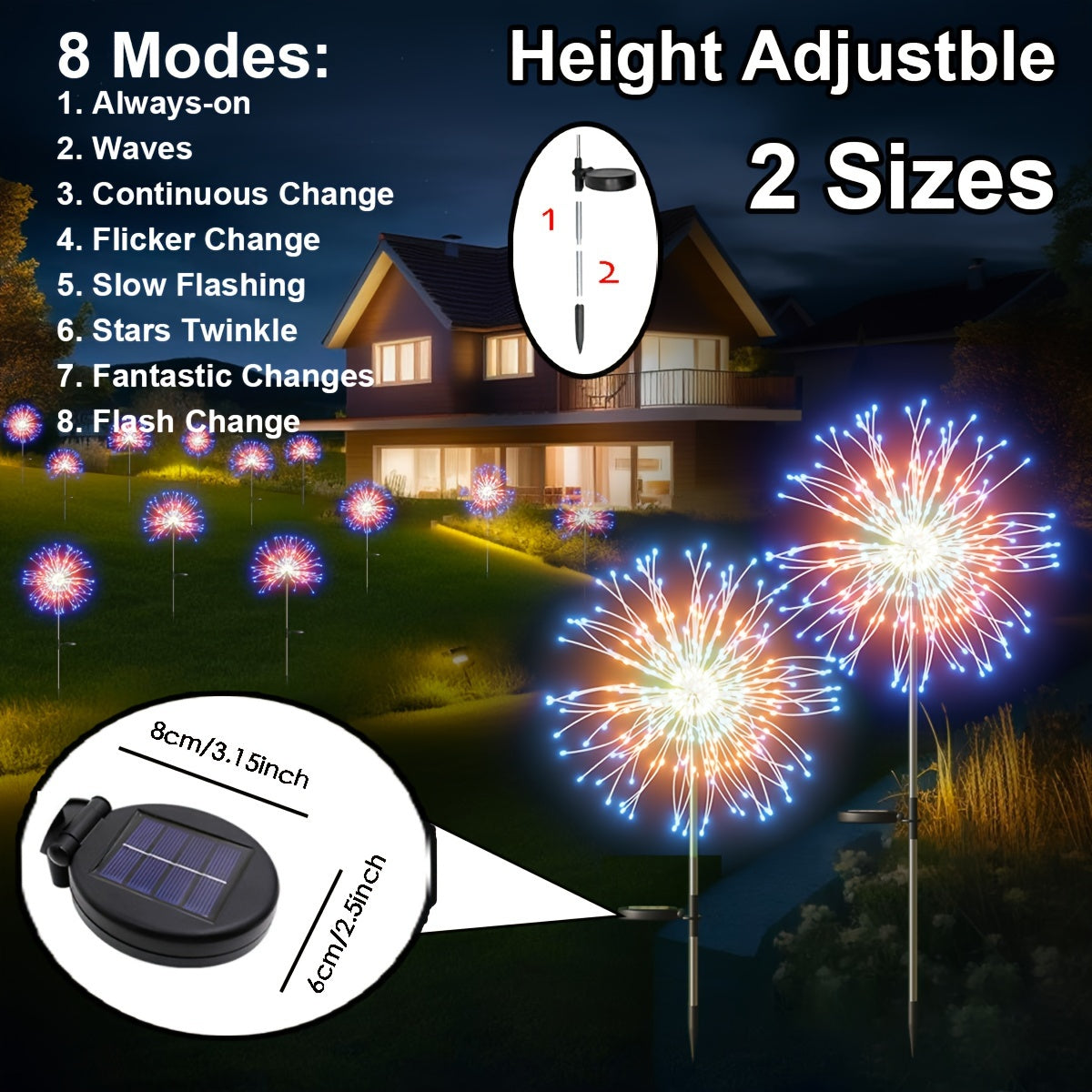 FACHOI Solar Firework Lights with 200/150/90/60 LEDs, 8 Modes, Button Control, Solar Powered for Outdoor Garden Pathways and Tree Decoration.