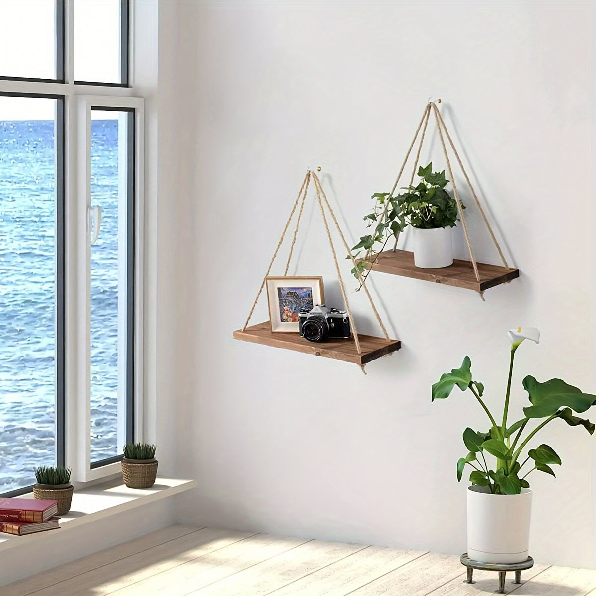 Wooden Swing Wall Rack with Hanging Rope for Plant Pot Storage and Garden Decoration in Floating Home Living Room.