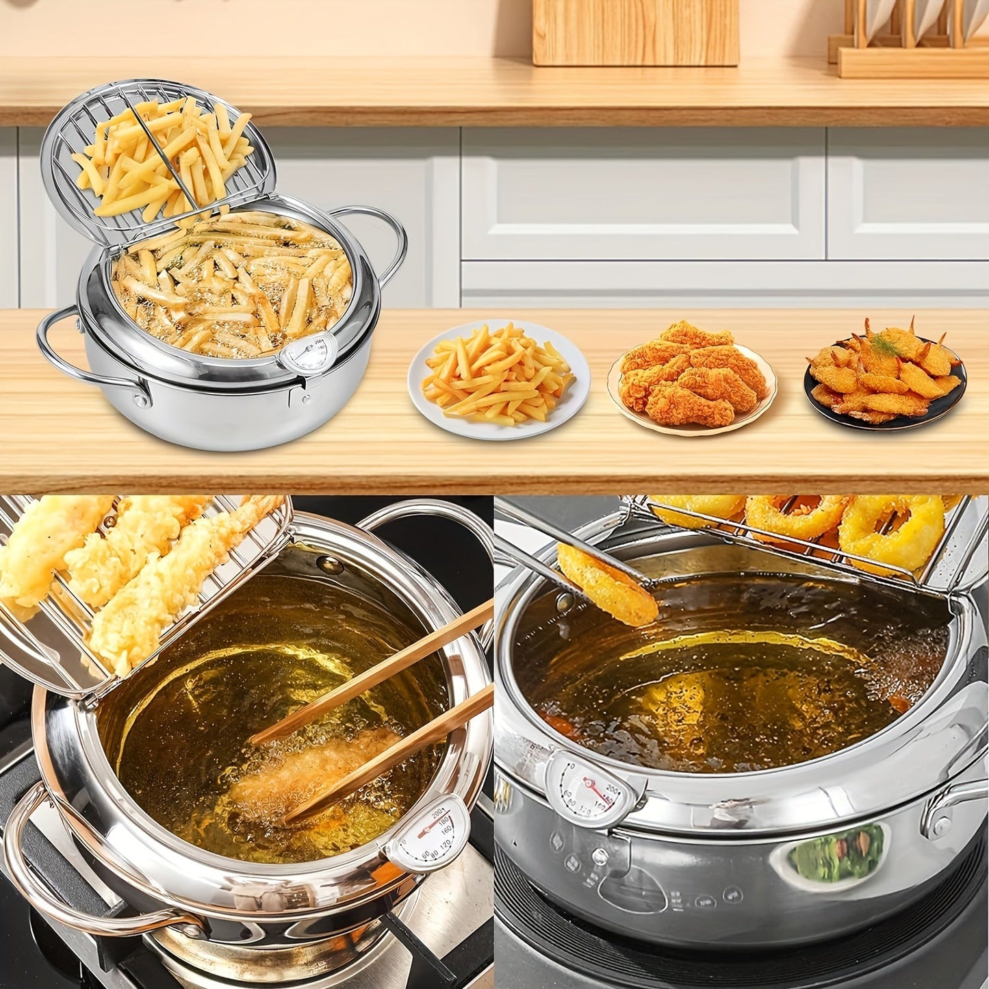 Deep fry your favorite delicacies with ease using this stainless steel pot. Featuring a large capacity of 2.2L and a temperature display, this pot is ideal for frying chicken, fries, and more. It is compatible with gas stoves, induction cookers, and