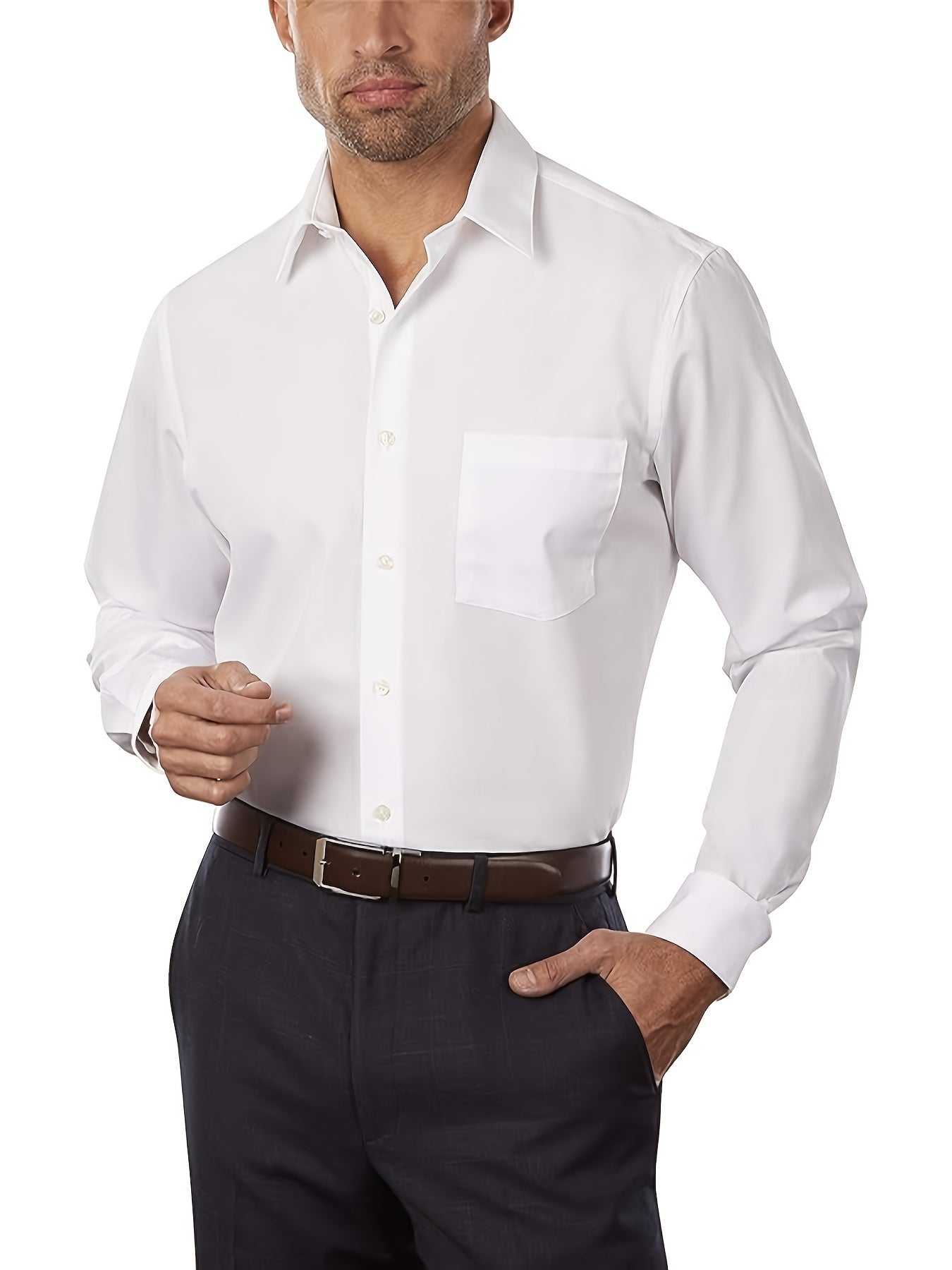 Men's classic solid color long sleeve dress shirt, made of 40% cotton and 60% polyester blend. Features a button-up closure, lapel collar, and regular fit. Ideal for mature men and suitable