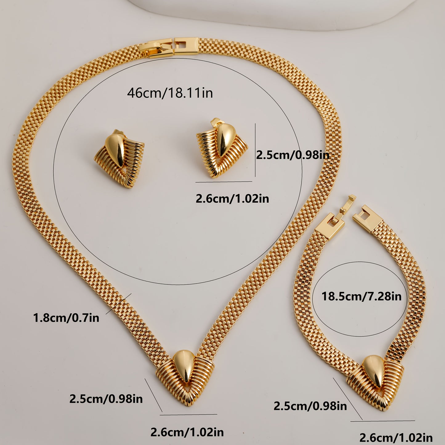 Set of 3 high-quality geometric V-shaped design jewelry pieces for women, including a necklace, bracelet, and earrings, all designed to accentuate the collarbone.