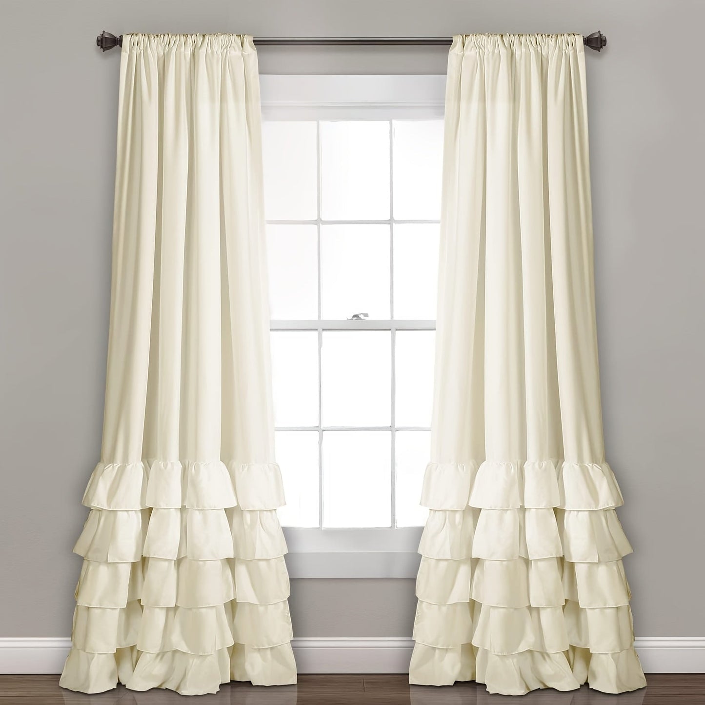 Two heavy-duty pleated lace window curtains for living room decoration. Each curtain measures 132.08cm wide by 213.36cm tall.