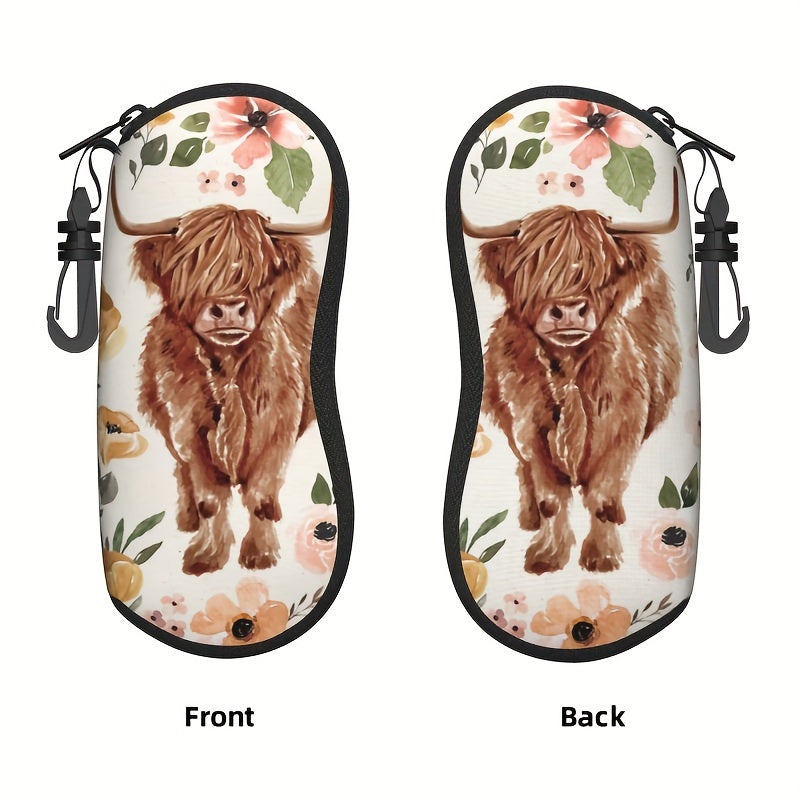 Highland Cow Glasses Case with Boho Floral Design - Stylish Travel Zipper Pouch for Men and Women