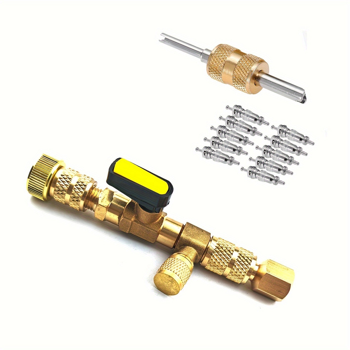 Set of Brass Valve Core Removal Tools with 10 Spare Cores, Dual-Head Design for Easy Installation, Non-Electrical, Anti-Slip Grip, Long-lasting for HVAC, Air Conditioning, and Automotive Care