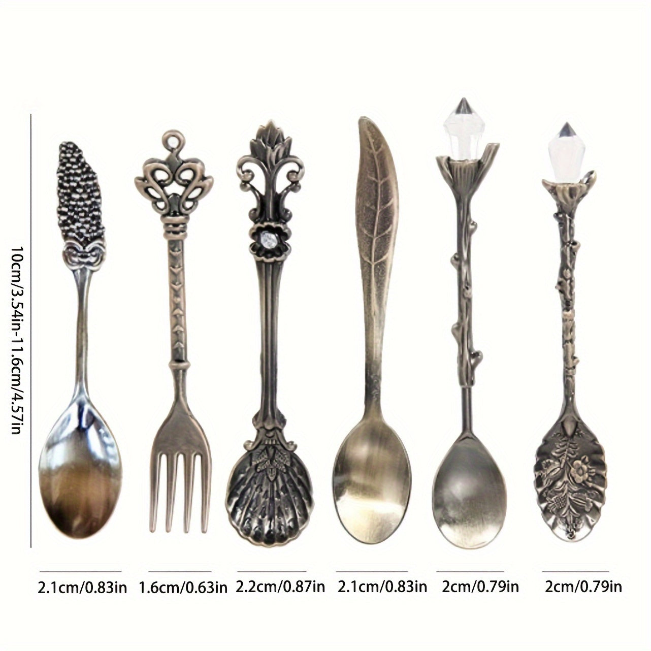 Set of 6 European golden vintage spoons for desserts and coffee, with carved fruit designs, ideal for kitchen, dining, and bar use.