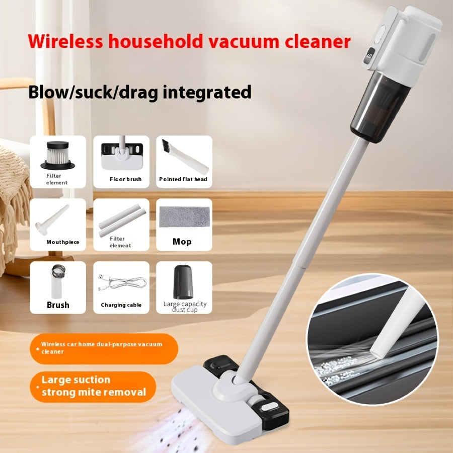 Cordless Vacuum Cleaner Kit with 5 Functions - Strong Suction for Hardwood, Carpet, and Pet Hair - Simple One-Click Operation with Various Attachments, Rechargeable via USB, Stylish White & Black Design