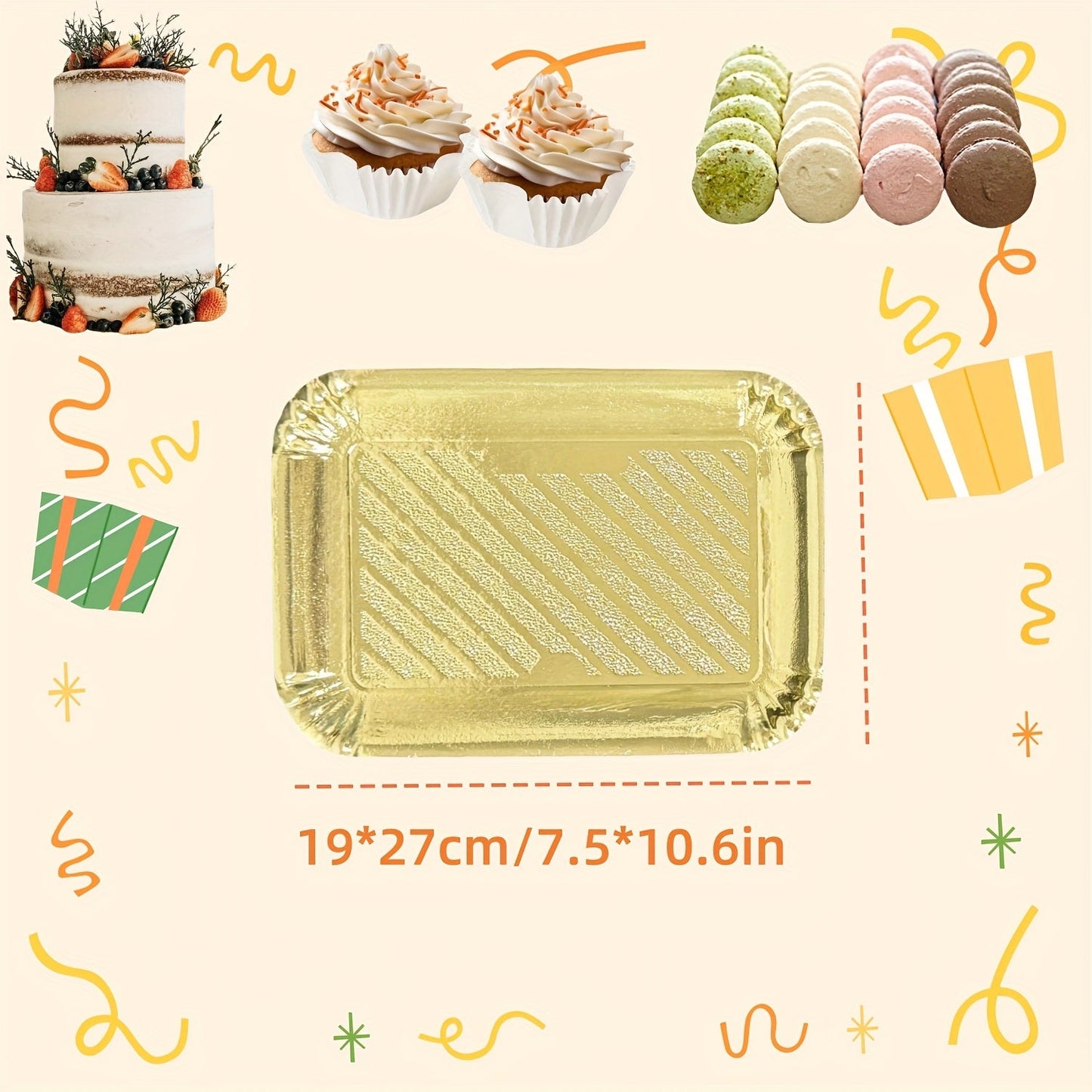 10 elegant golden rectangle cake boards with scalloped edges, designed for heavy duty use. These disposable paper serving trays are greaseproof and perfect for serving desserts and cupcakes. Ideal for birthday parties, weddings, and holiday celebrations.