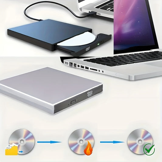 Portable external CD/DVD drive with USB 3.0 Type C for laptop, compatible with Windows, Linux, and MacOS.