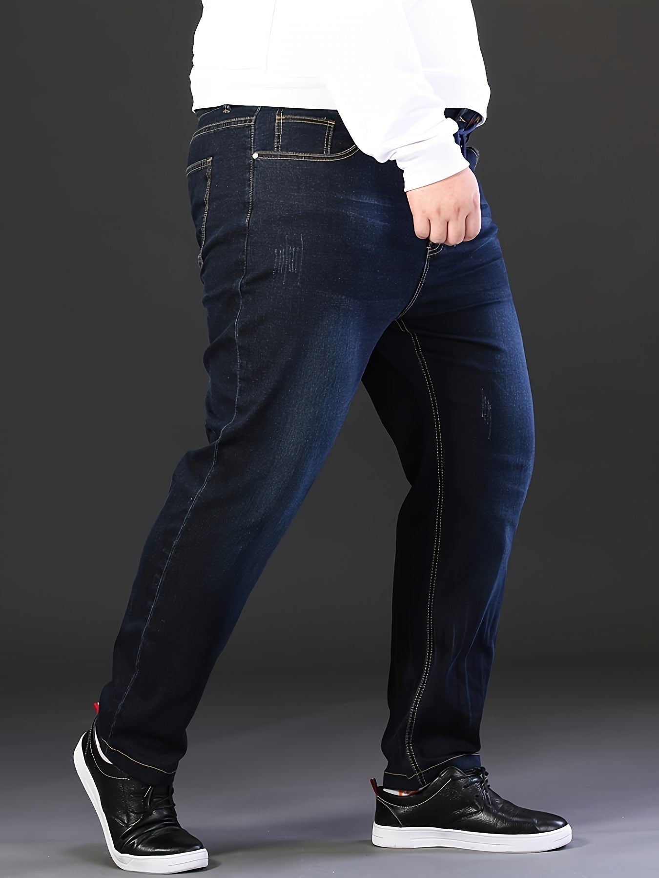 Stretchy ribbed elastic waist jeans for men, perfect for business casual wear. Plus size available.