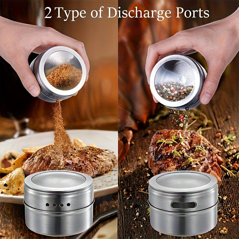 Set of 12 magnetic spice containers including seasoning jars, spice jars, and spice tins. Also includes salt and pepper shakers, spice shakers, and a salt bottle. Perfect addition to any kitchen accessories collection.