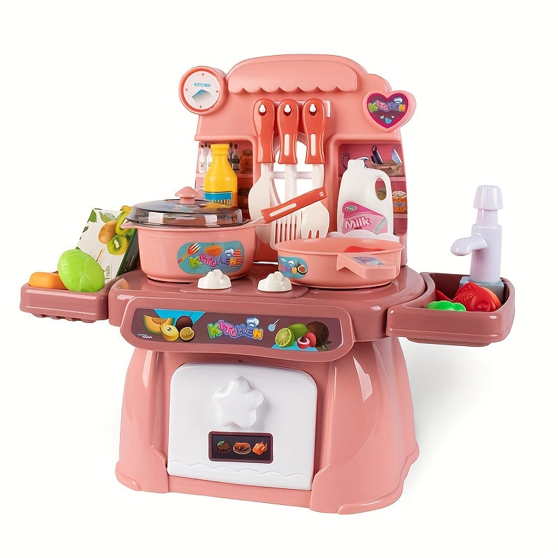 Gzsbaby play kitchen set features lights, sounds, stove, sink, and faux food in pink/blue colors, perfect for winter and New Year.