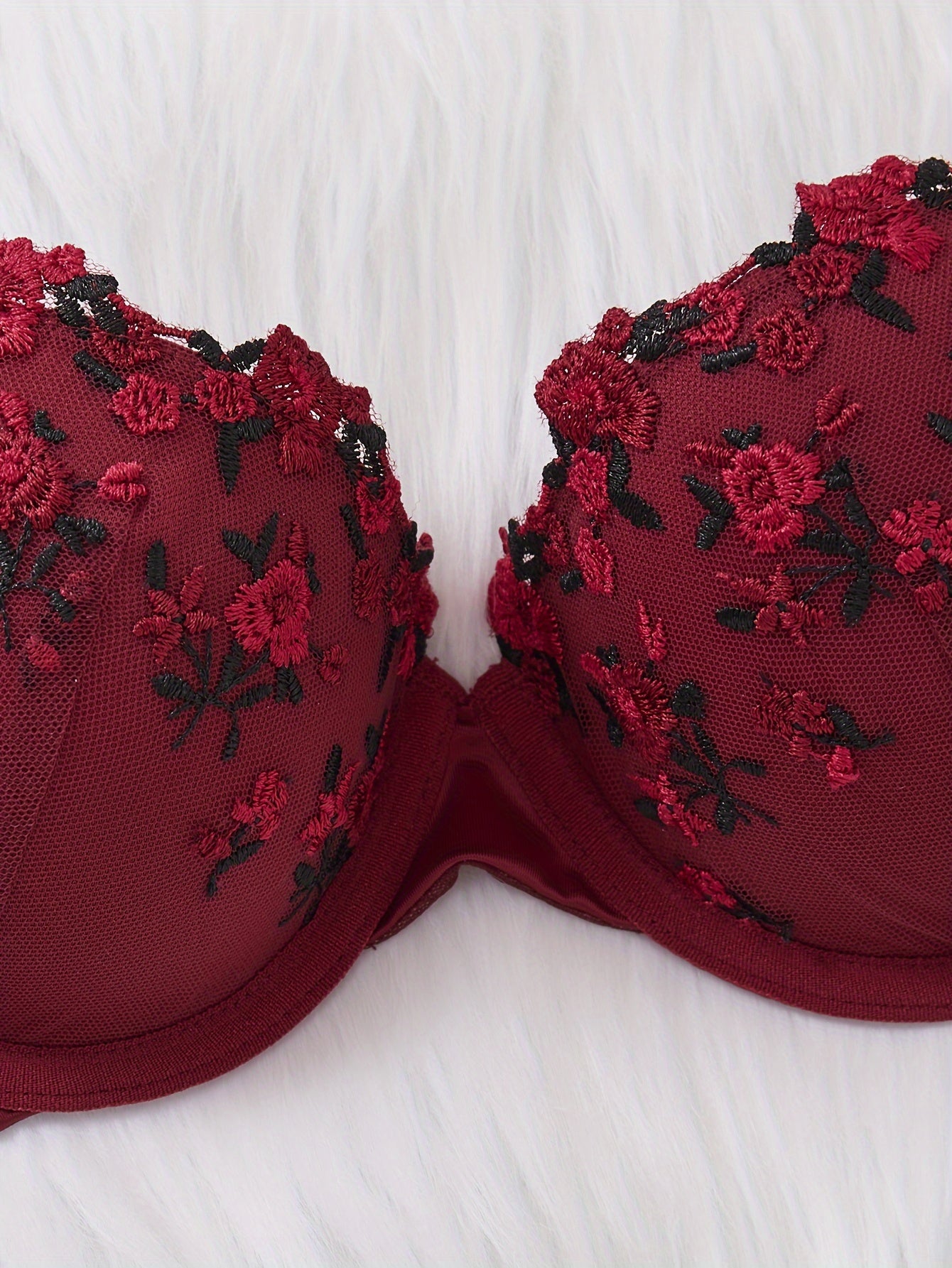 Valentine's Day lingerie set with floral embroidery, push-up bra and triangle panties.