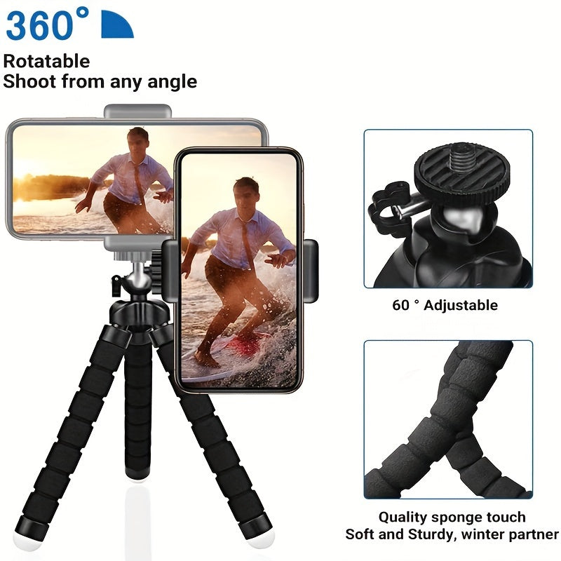 Mini Octopus Tripod with Sponge Grip, 360° Rotation, Suitable for Phones and Cameras, Portable and Universal Clip.