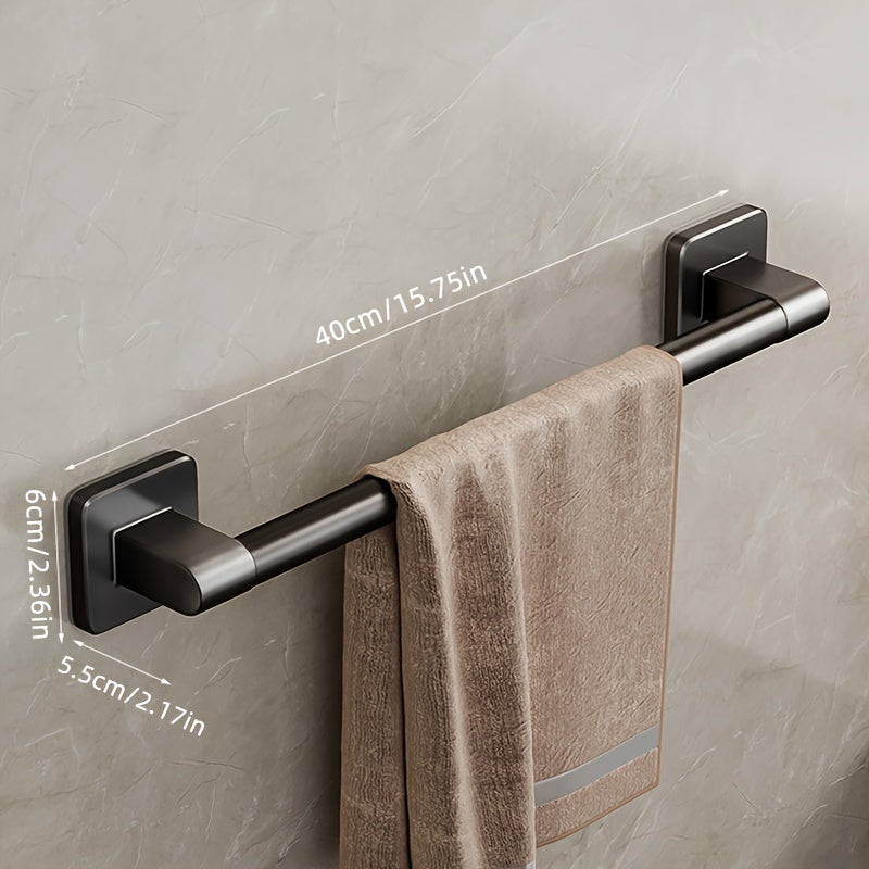 Wall-mounted towel rack for bathroom made of durable space aluminum and plastic. Easy installation with no drilling required. Single rod design for organizing towels.