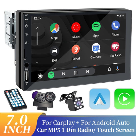 Universal car audio receiver with 7-inch touch screen, GPS navigation, wireless connectivity, and stereo output. Compatible with Android Auto and CarPlay, suitable for all vehicle models.