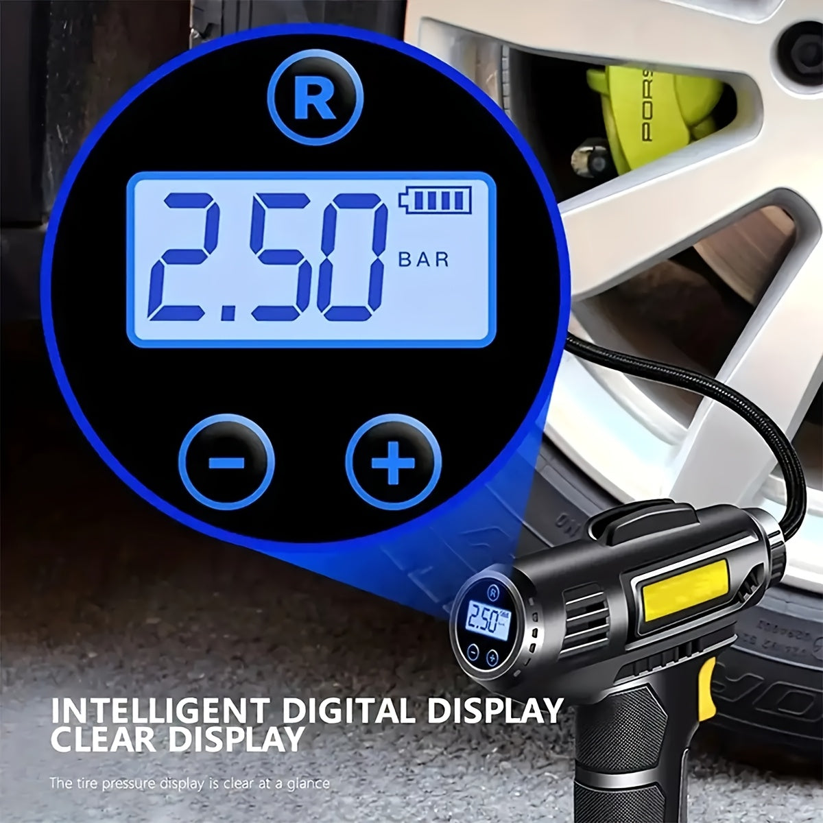 Portable DY&LM Ultra-Fast Tire Inflator with digital display, USB charging, and 18650 lithium battery for cars, motorcycles, bicycles, and sports balls. Up to 150PSI, rechargeable without