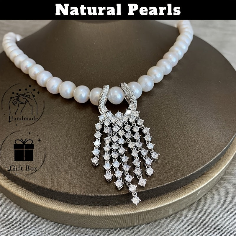 Sophisticated Tassel Necklace featuring Freshwater Pearls and Zirconia - Stylish Collar Necklace with Distinctive Imperfections, Ideal for Formal Events and Everyday Wear, Comes in a Beautiful Gift Box