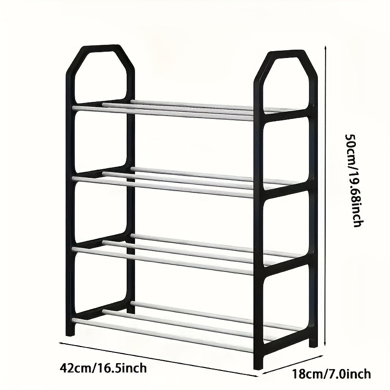 The Adjustable Plastic Shoe Rack with Handbag Storage is a convenient and portable organizer for your entryway, hallway, or dorm. This modern storage design features easy assembly with no tools needed and comes in black or white options. This lightweight