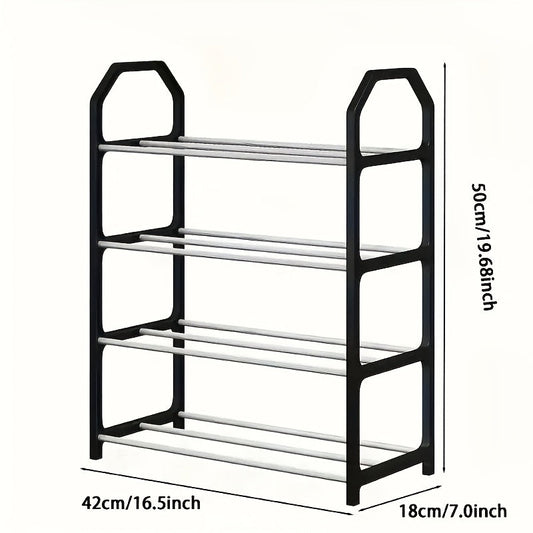 The Adjustable Plastic Shoe Rack with Handbag Storage is a convenient and portable organizer for your entryway, hallway, or dorm. This modern storage design features easy assembly with no tools needed and comes in black or white options. This lightweight