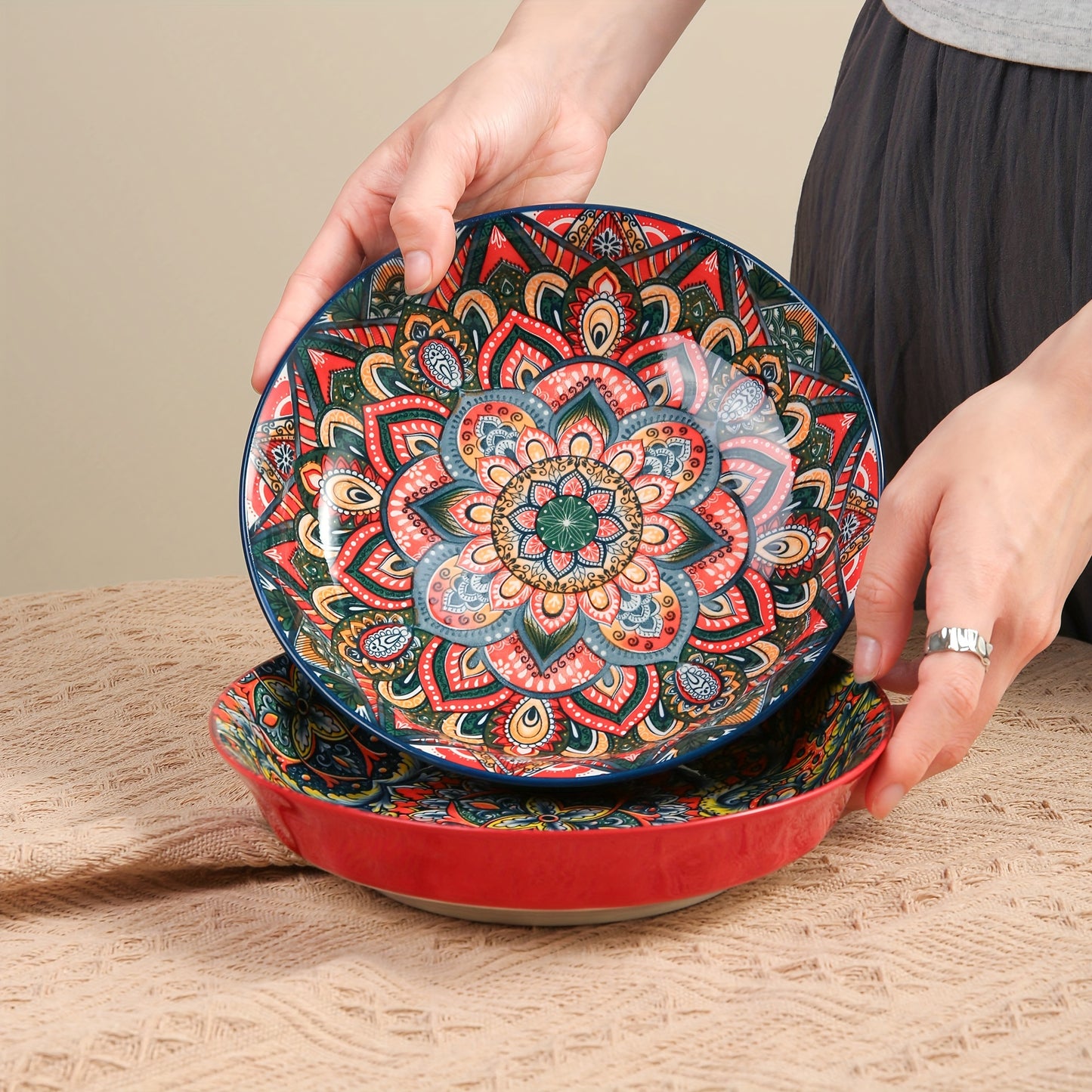 1pc 8-inch Bohemian Style Ceramic Dinner Plate suitable for home and restaurant use. Microwave safe.