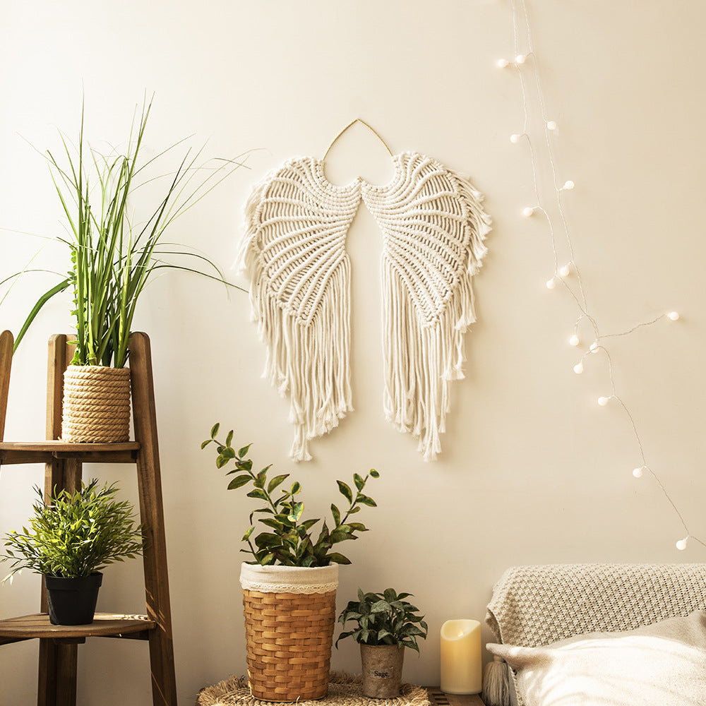 Handmade Macrame Wall Tapestry in Angel's Wing Design, featuring Long Tassels for a Bohemian and Cozy Cotton Home Decor. Perfect for Home, Office, Bedroom, Living Room, or Dorm Decoration.