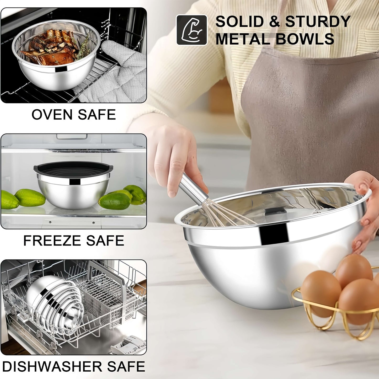 This set includes 15 stainless steel mixing bowls with black seal covers. 
The nesting style design includes 3 grater accessories and a metal nesting storage bowl to save space in your kitchen.
These versatile bowls are dishwasher safe and perfect for