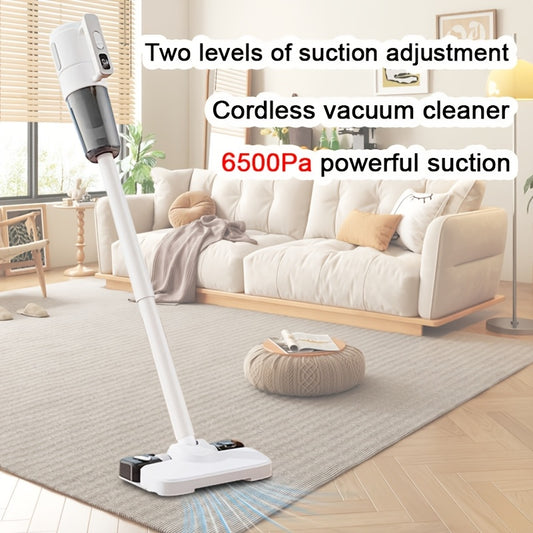 Cordless vacuum with 5500Pa suction power, 2 speed settings, rechargeable battery for home and car cleaning.