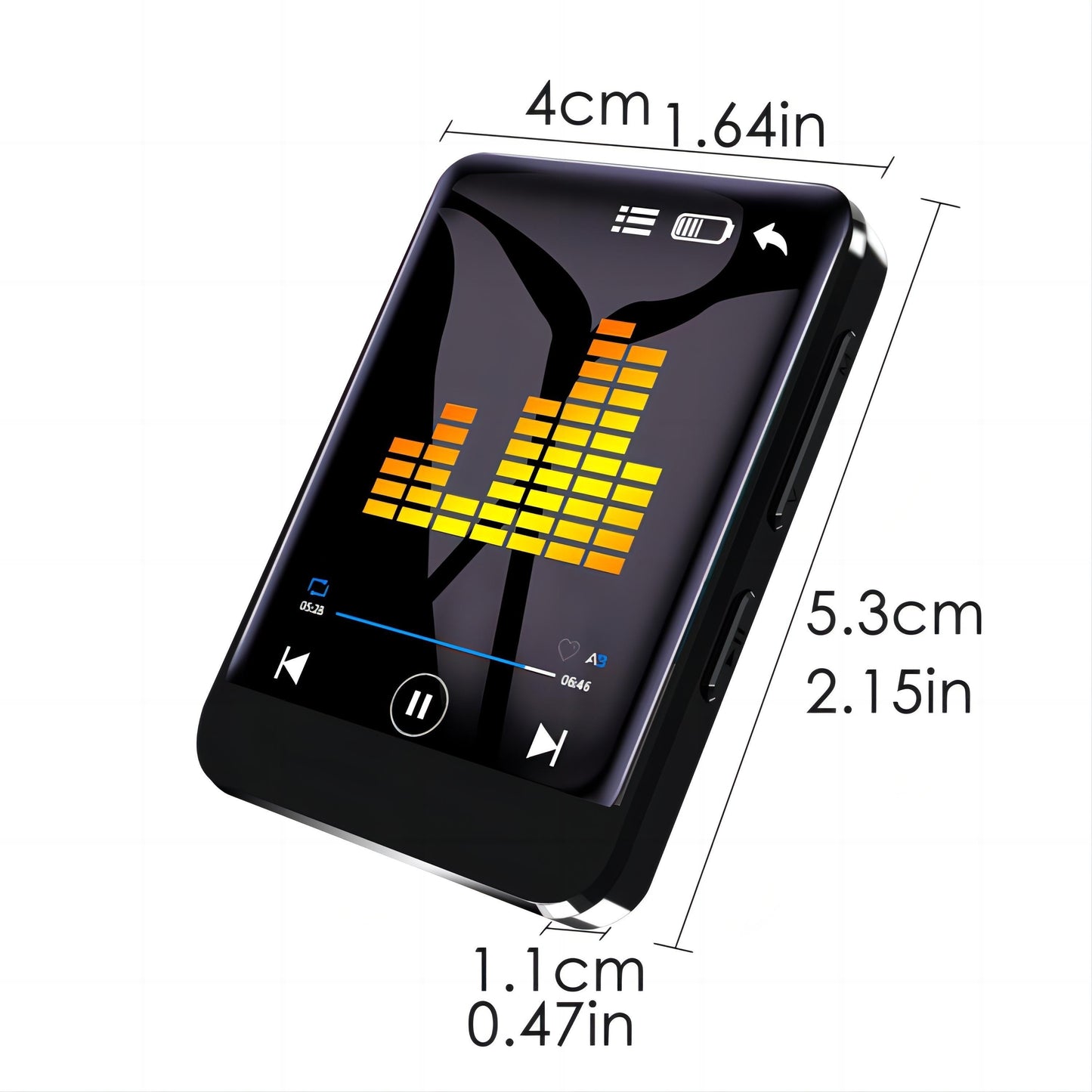 Portable MP3 player with 64GB storage, full touch screen, HD speaker, FM radio, voice recorder; sleek design for travel, sports, and video playback.