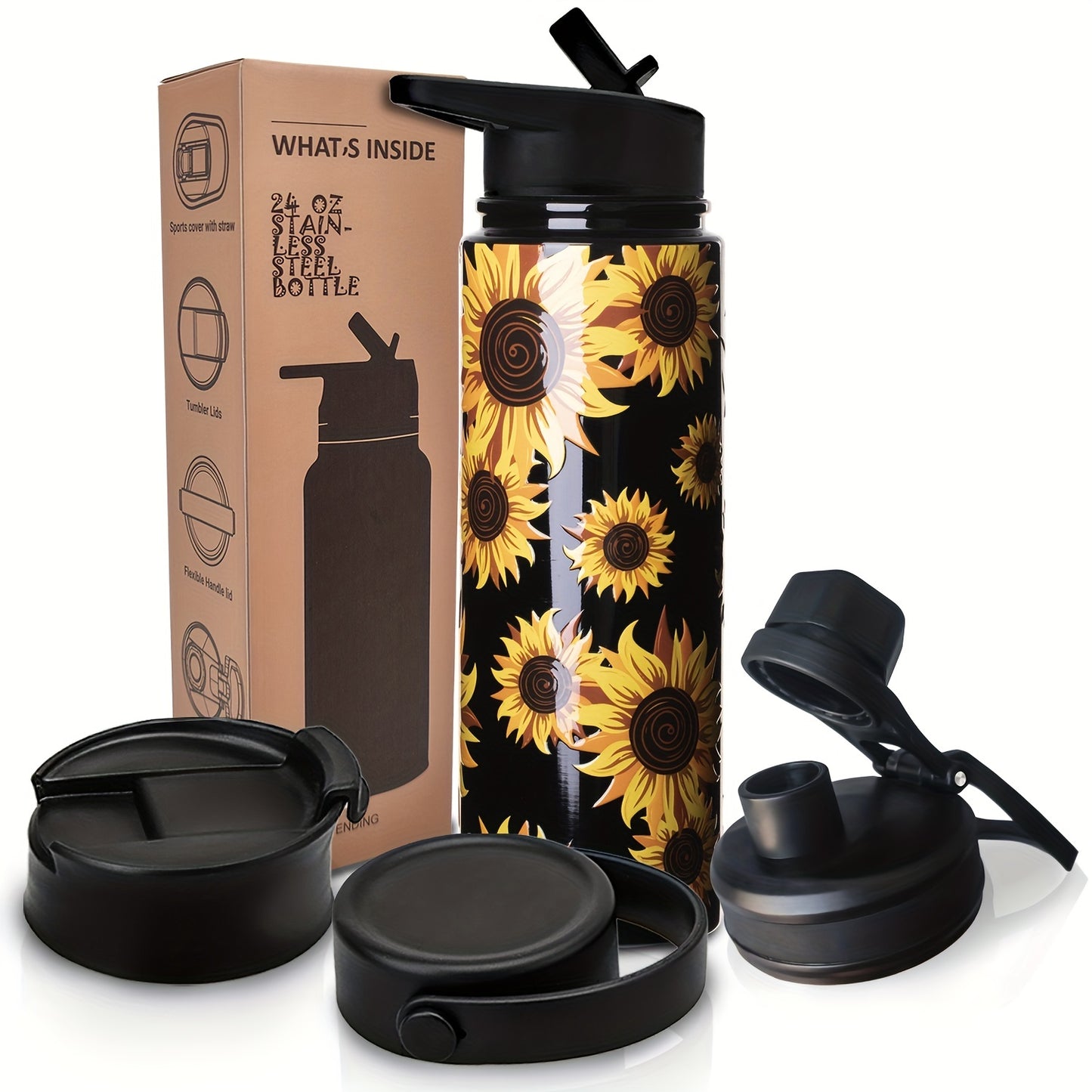 Sunflower Sports Water Bottle: 24oz stainless steel vacuum cup with 4 lids, straw, brush. Portable thermal bottle for camping, hiking, fitness. Perfect summer drinkware and travel accessory. Ideal for birthday gifts.