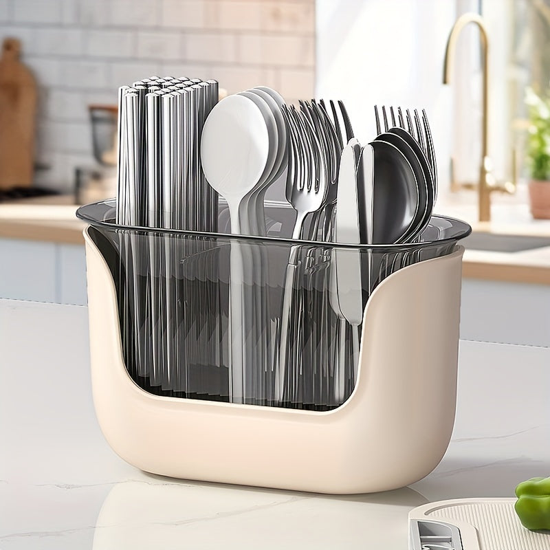 Tableware storage tube with drainage rack and divided cage for organizing tableware.