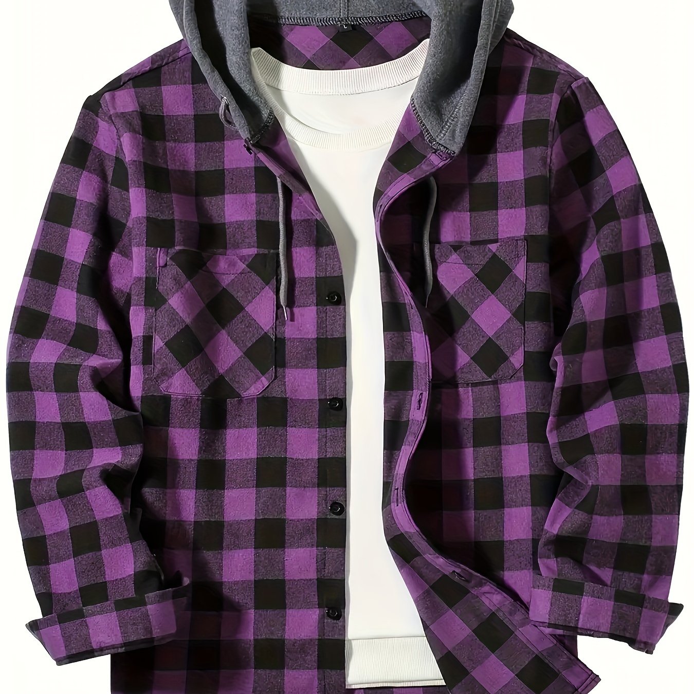 Men's plus size plaid hooded shirt with long sleeves, double pockets, and casual loose fit, made from polyester fabric. Suitable for spring or autumn, in a college-style design and