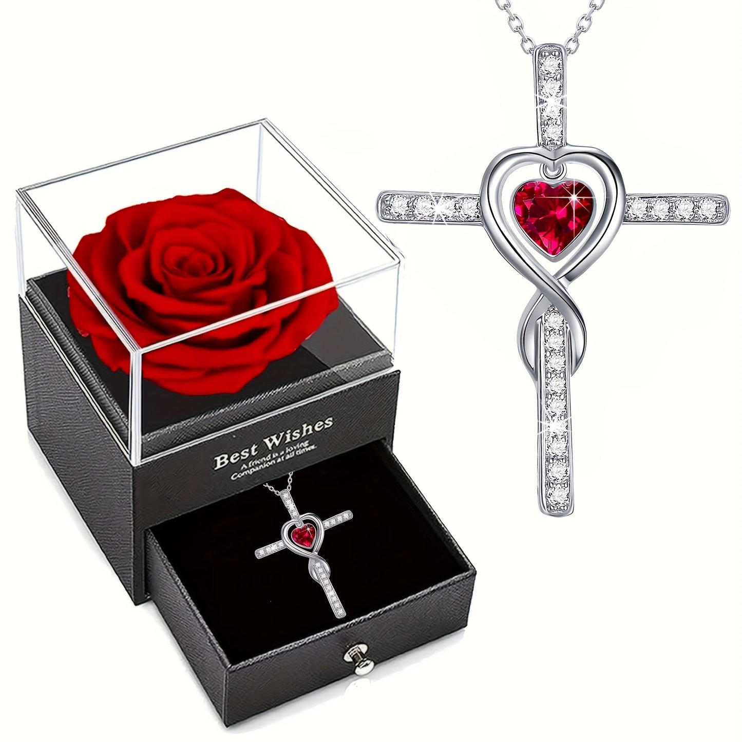 Elegant Heart-Shaped Cross Pendant Necklace, Silver-Plated Copper with Synthetic Cubic Zirconia, Versatile Jewelry, Comes in a Rose Gift Box - Perfect for Daily Wear and Gifting on Special Occasions like Christmas, Valentine's, Mother's Day, and