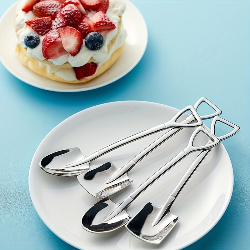 Set of 4 adorable stainless steel shovel spoons for dessert and fruit scooping in the home.