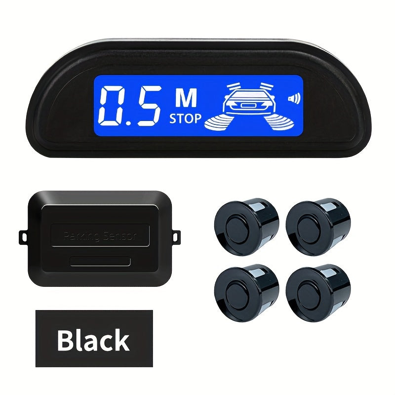 Car Reversing Radar with 4 parking sensors, LED display, sound indicator, 8 colors, and reverse parking assistance.