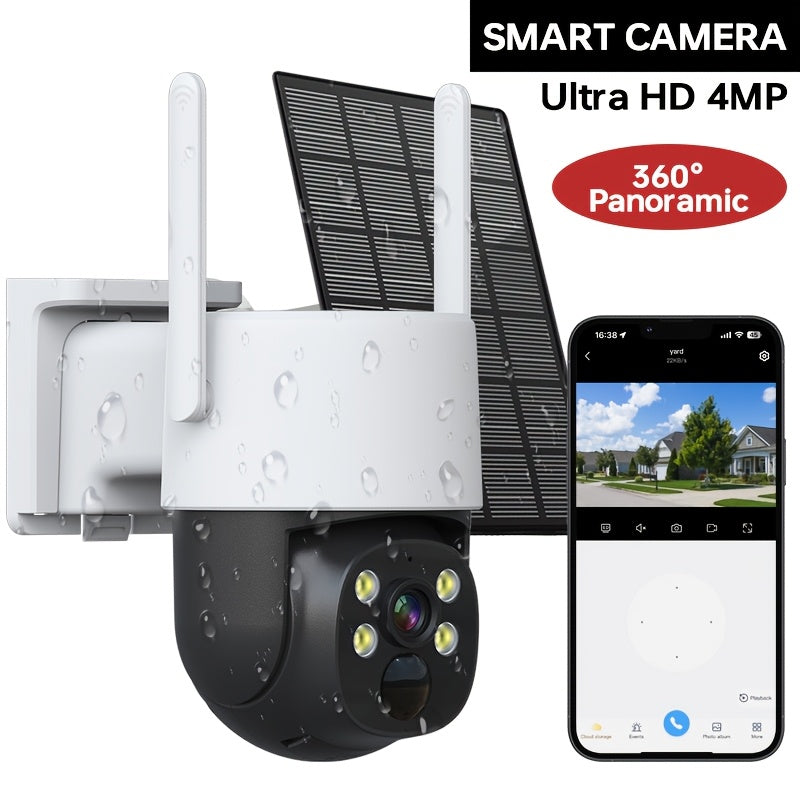 Solar-Powered Outdoor Security Camera - 360° View, WiFi Connectivity, Color Night Vision, Two-Way Audio, IP65 Waterproof, Battery Rechargeable