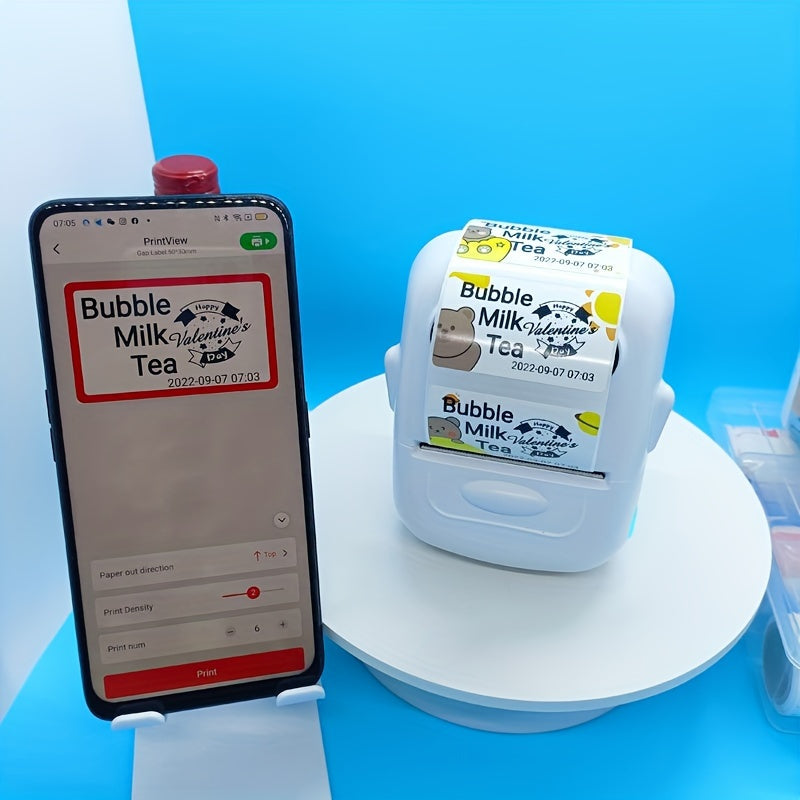 P50 portable thermal label printer, ideal for various industries, compatible with Android and iOS, includes a roll of 40x30mm white stickers.